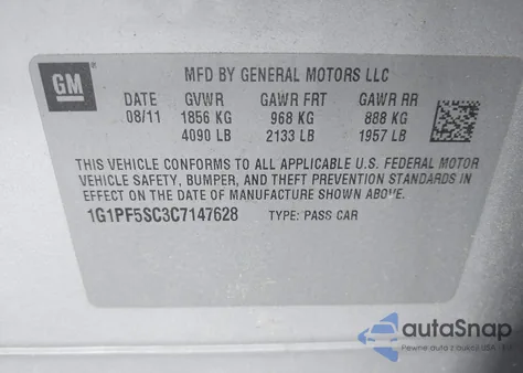 2012 Chevrolet Cruze 1Lt z USA, uszkodzony, nr VIN 1G1PF5SC3C7147628